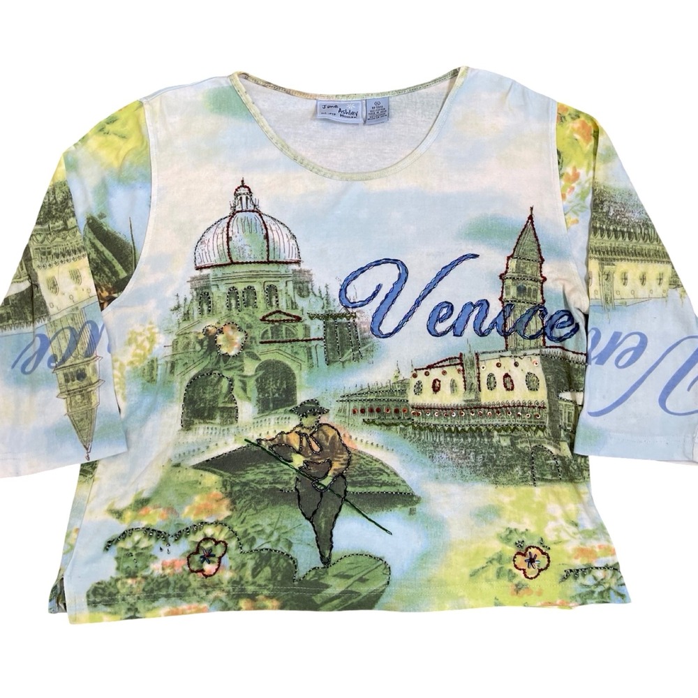 Vintage Jane Ashley Venice Scene Graphic Top Blue Beaded‎ 1X Y2K Fairy Grunge
